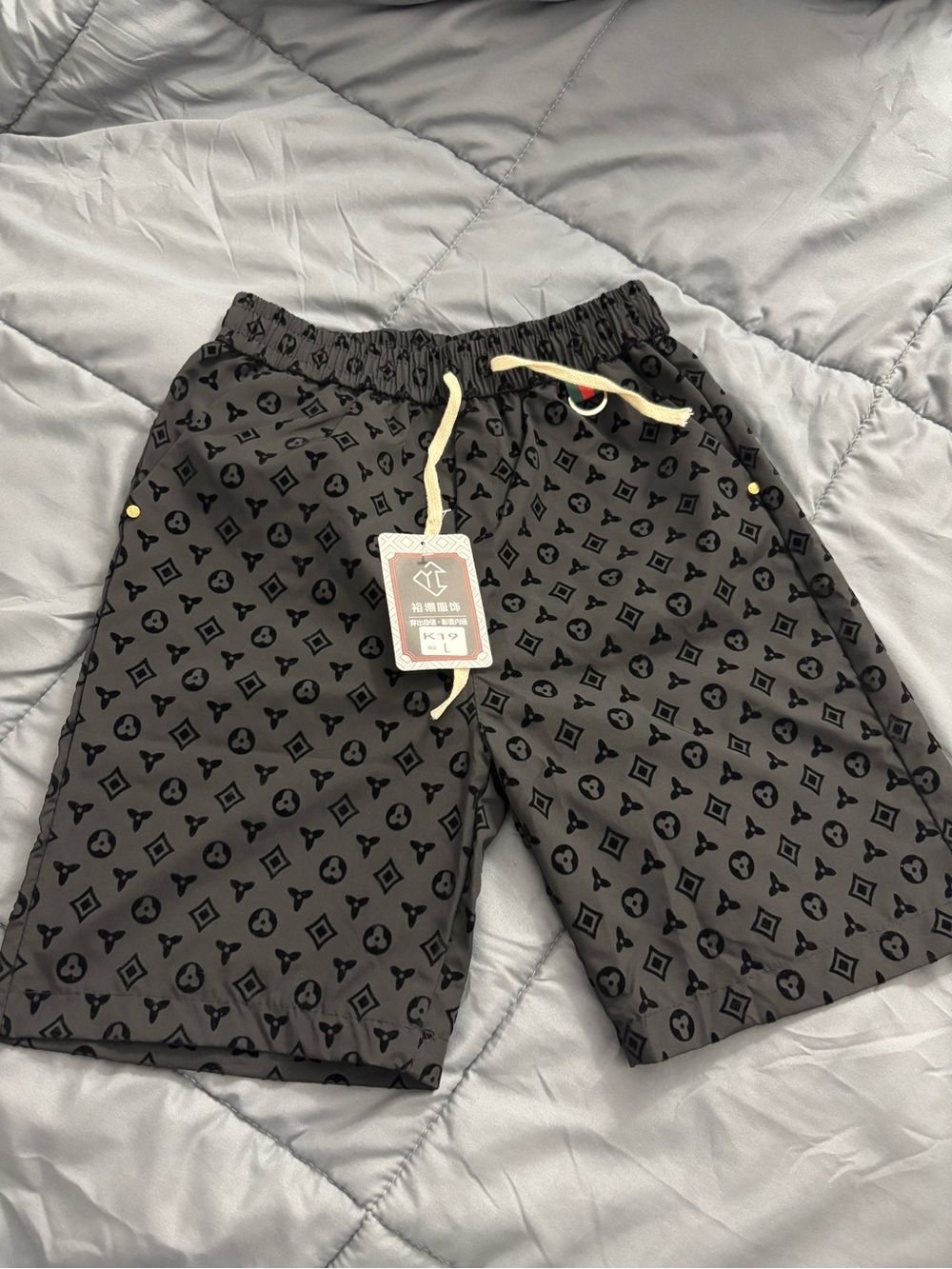 Men's Black Patterned Swim Shorts with Drawstring